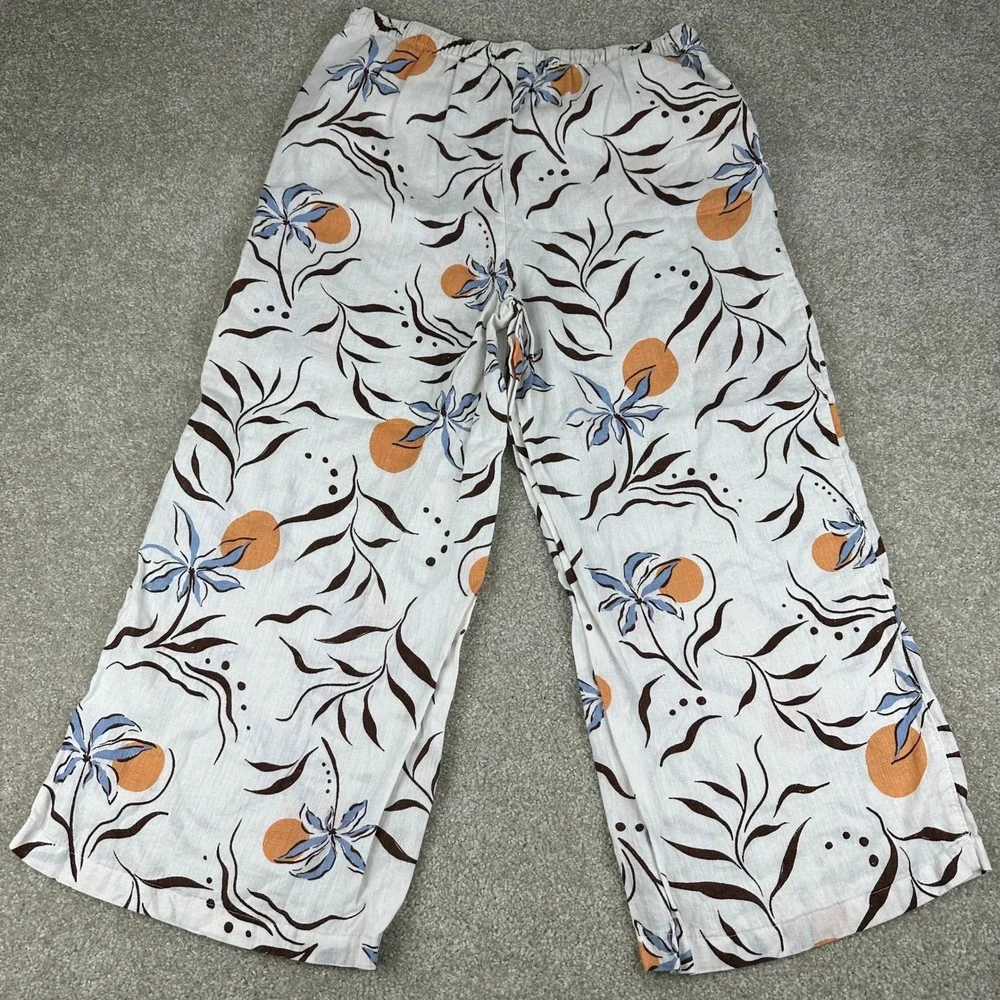 Calypso St Barth Linen Wide Leg Pants XL White Floral Tropical Coastal Beachy